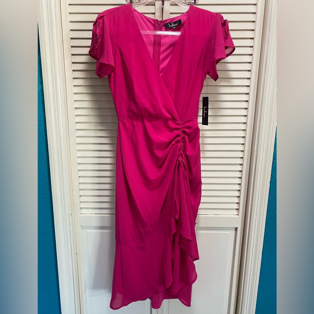 Lulus Maxi Dress Gown Hot Pink‎ Ruffle Cold Shoulder Tie Up Skirt Size XS NEW